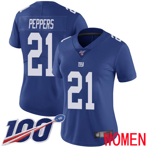 Women New York Giants #21 Jabrill Peppers Royal Blue Team Color Vapor Untouchable Limited Player 100th Season Football NFL Jersey->women nfl jersey->Women Jersey